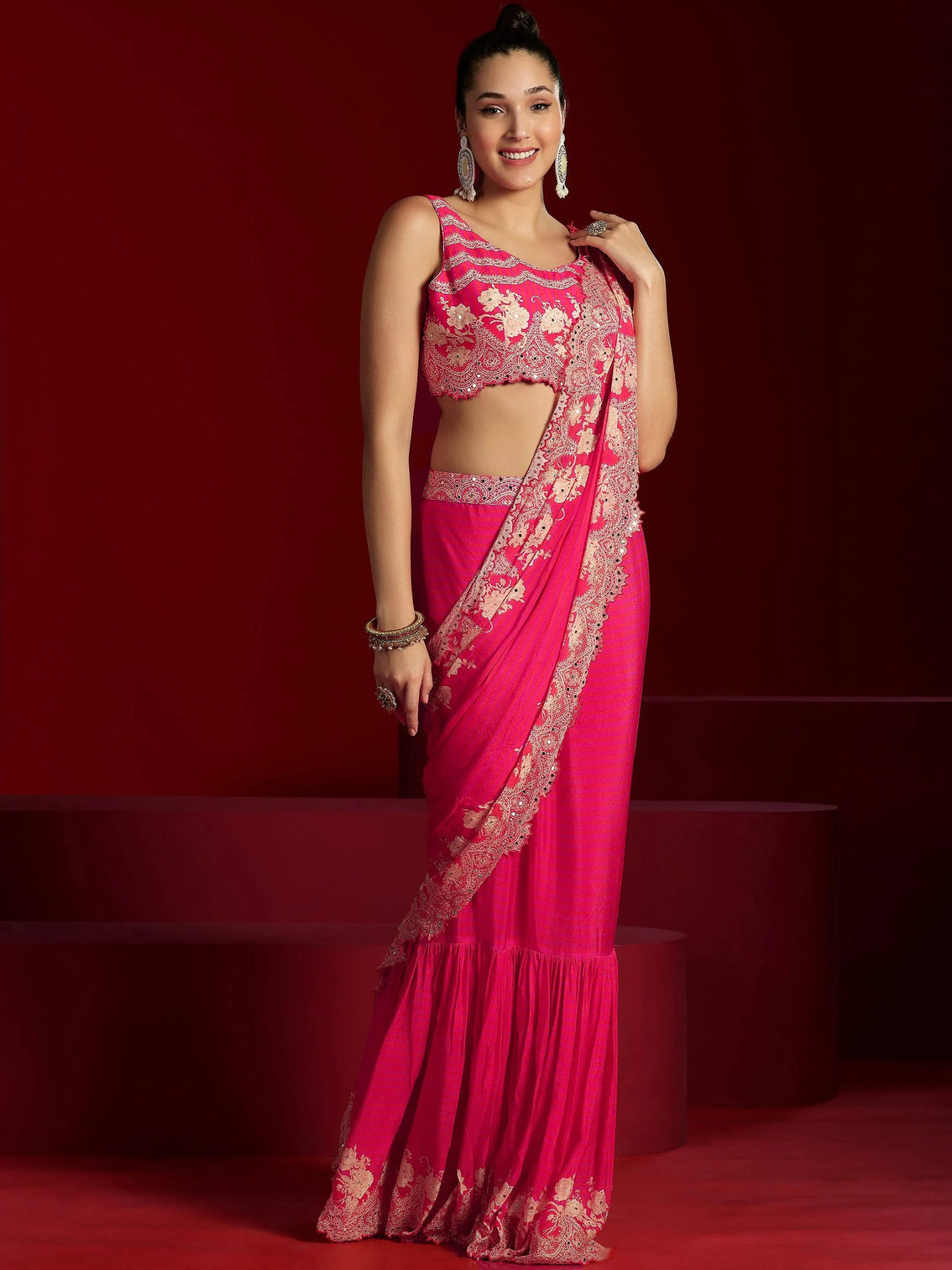 Mameraa Art Pink Embellished Chinnon Saree