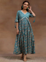 Libas Green Printed Cotton Fit and Flare Dress