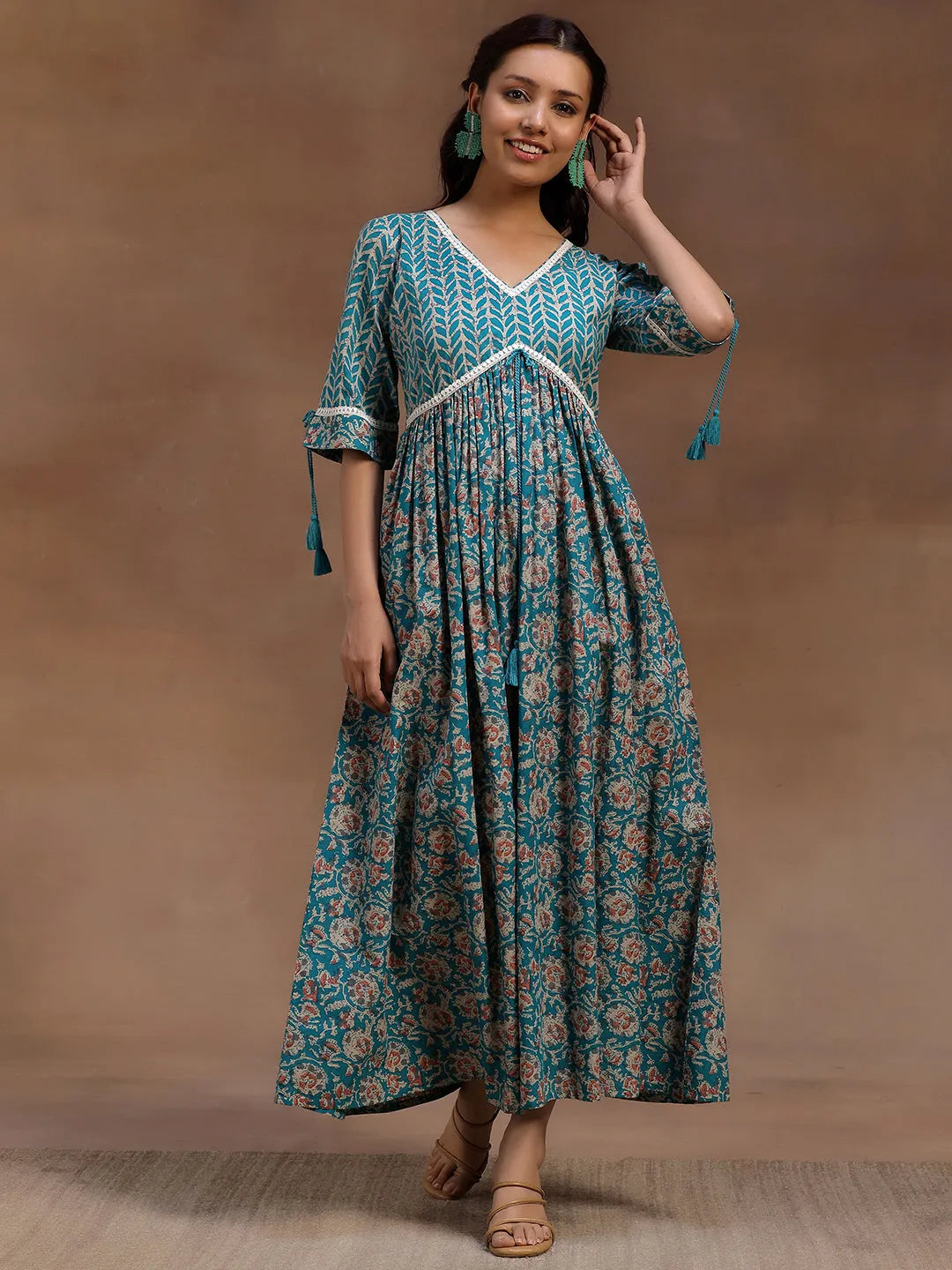Libas Green Printed Cotton Fit and Flare Dress