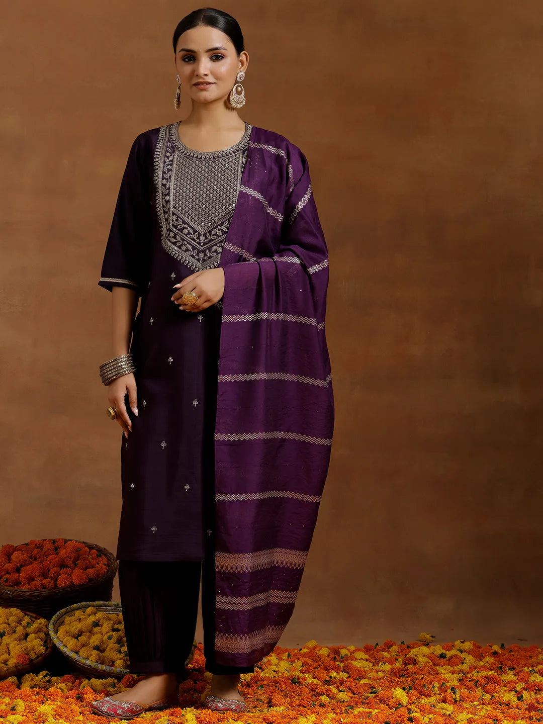 Gerua Purple Yoke Design Silk Blend Straight Suit With Dupatta