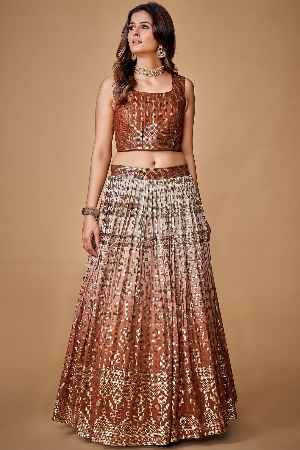 Brown Sequins Work Georgette Wedding Wear Lehenga Choli