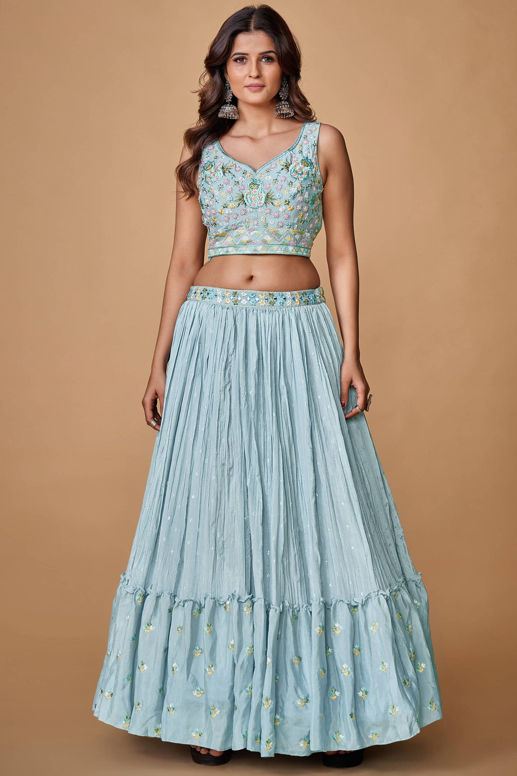 Powder Blue Thread Work Chiffon Silk Engagement Wear Lehenga Choli