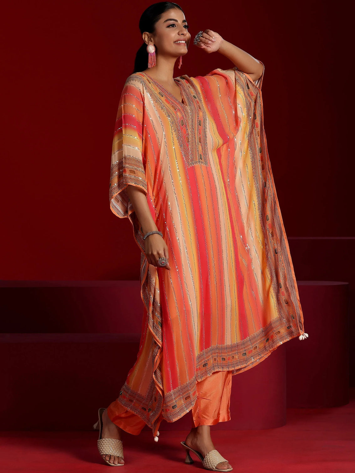 Mameraa Art Orange Printed Poly Georgette 3 Piece Co-Ords