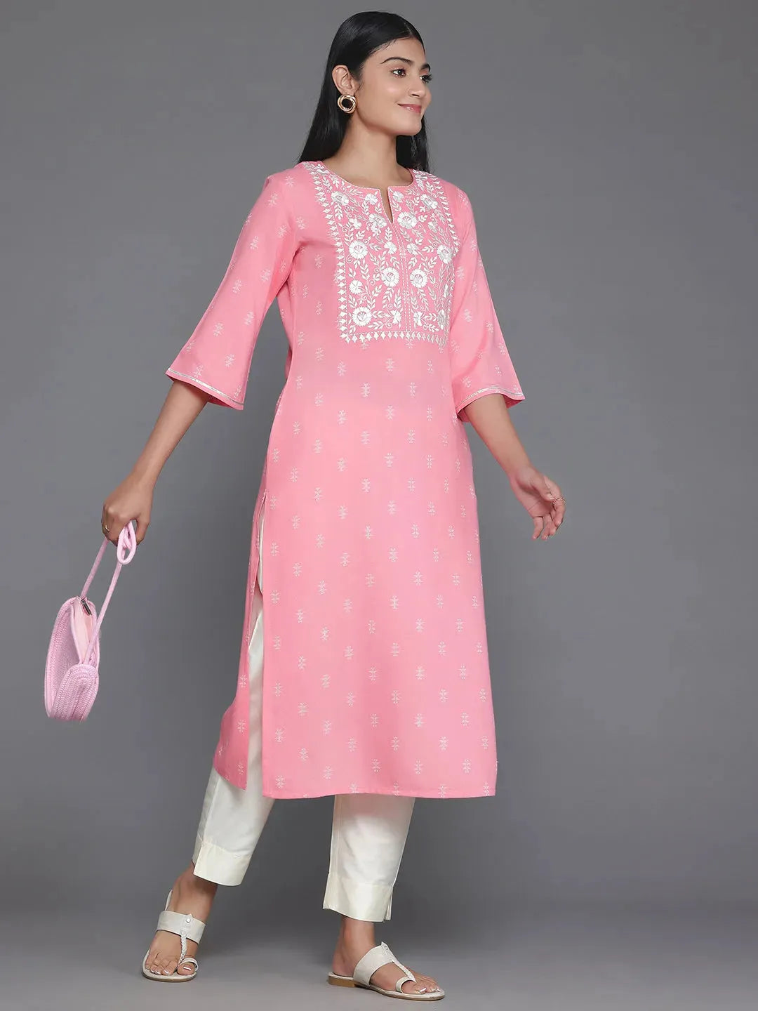 Libas Pink Yoke Design Rayon Straight Kurta