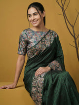 Soft Silk Printed Floral Saree with Rainbow Zari Woven Pallu and Contrast Blouse Festive Party Wear Saree