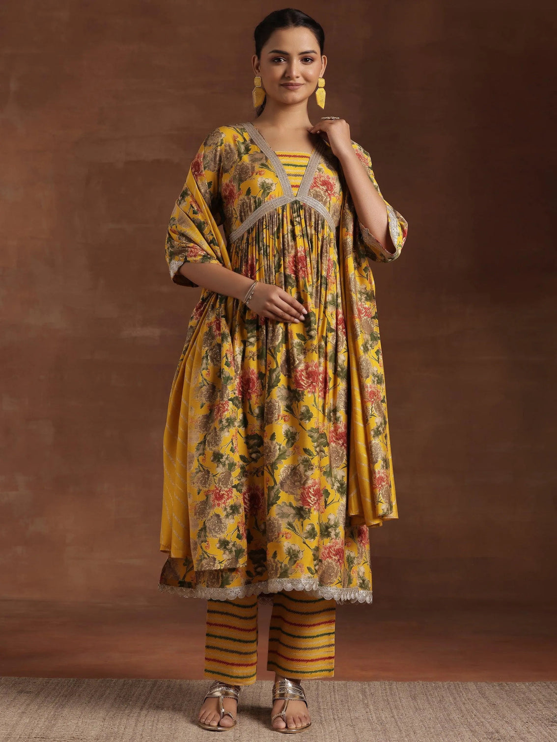 Mameraa Yellow Printed A-Line Kurta With Trousers & Dupatta