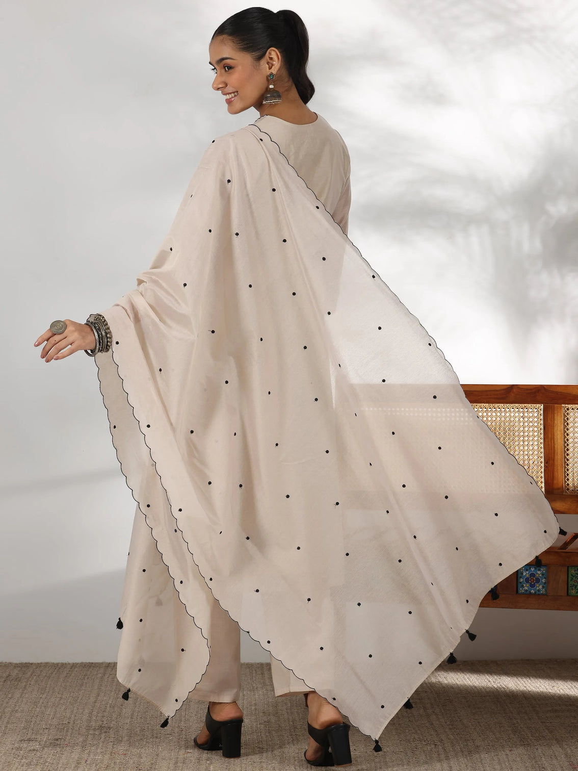 Mameraa Beige Embroidered Chanderi Silk Straight Suit With Dupatta