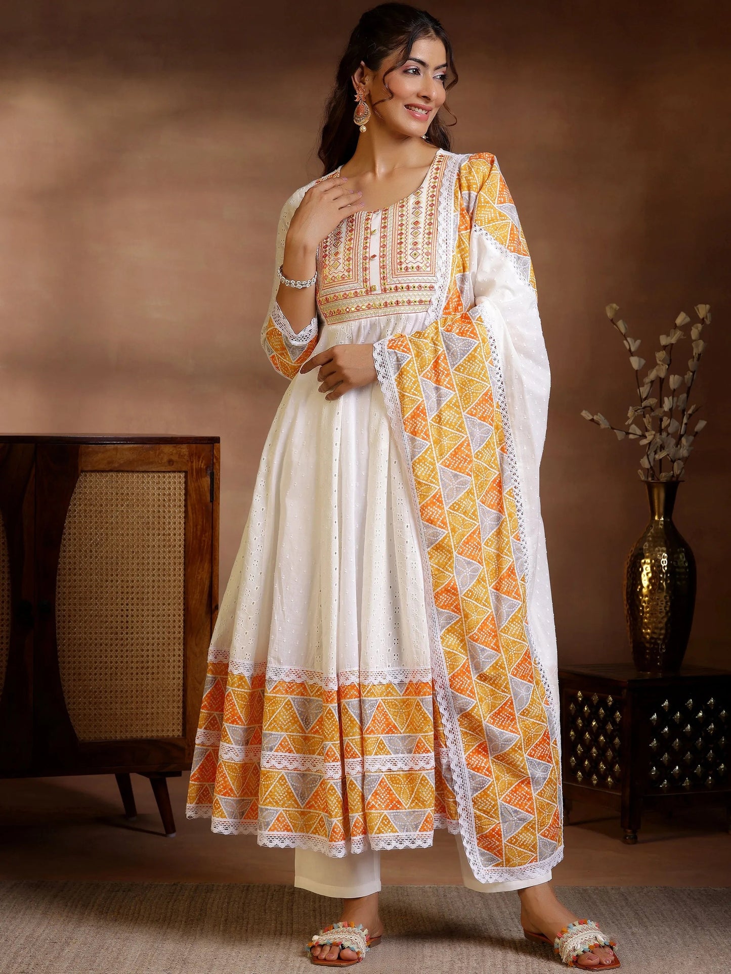 Libas White Self Design Cotton Anarkali Suit With Dupatta