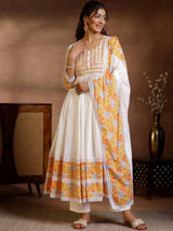 Libas White Self Design Cotton Anarkali Suit With Dupatta