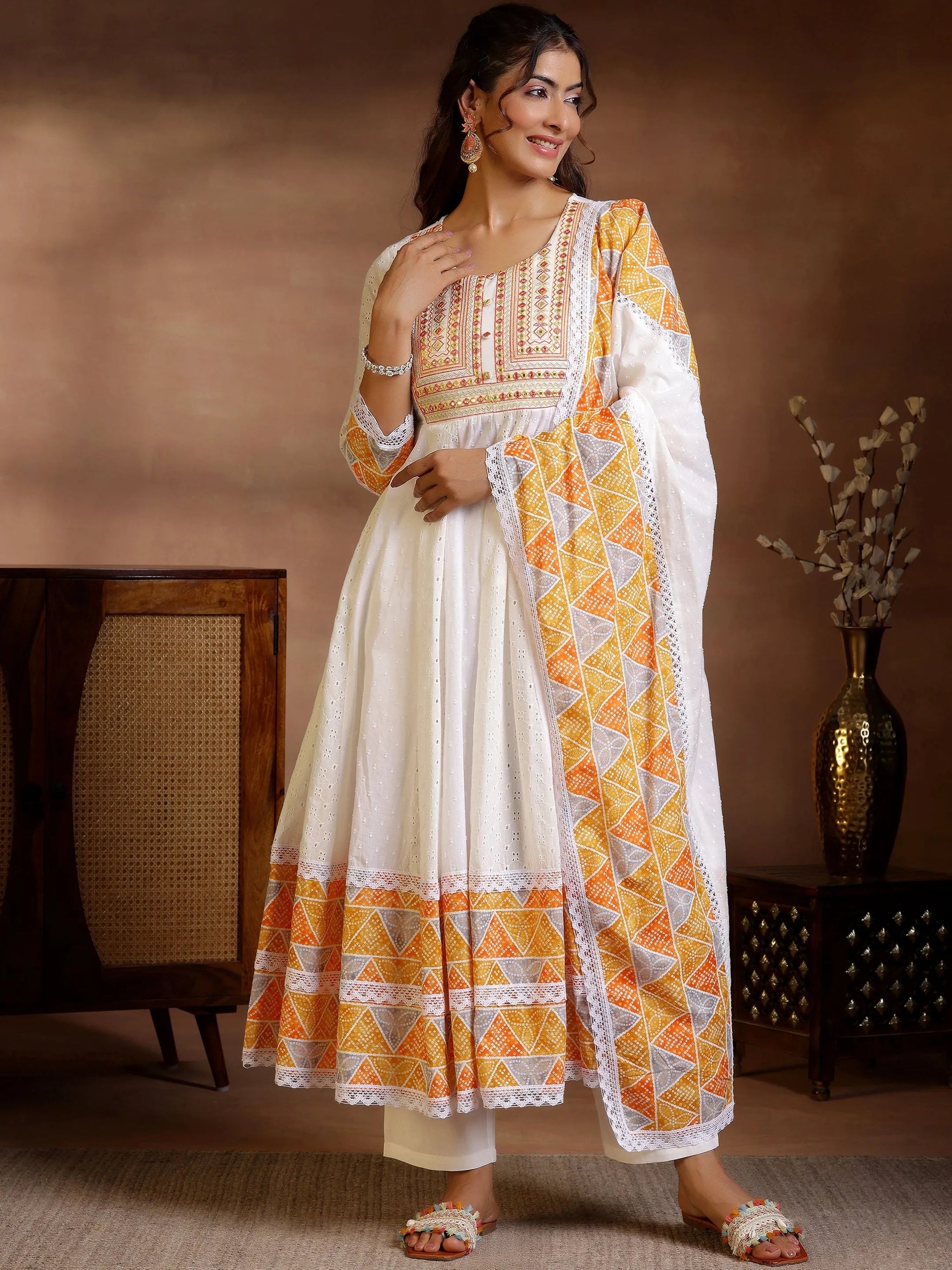 Libas White Self Design Cotton Anarkali Suit With Dupatta