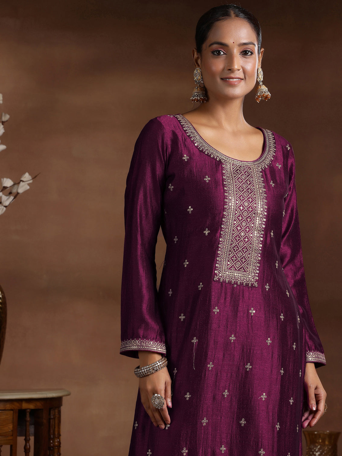Mameraa Wine Embroidered Silk Blend Straight Suit With Dupatta