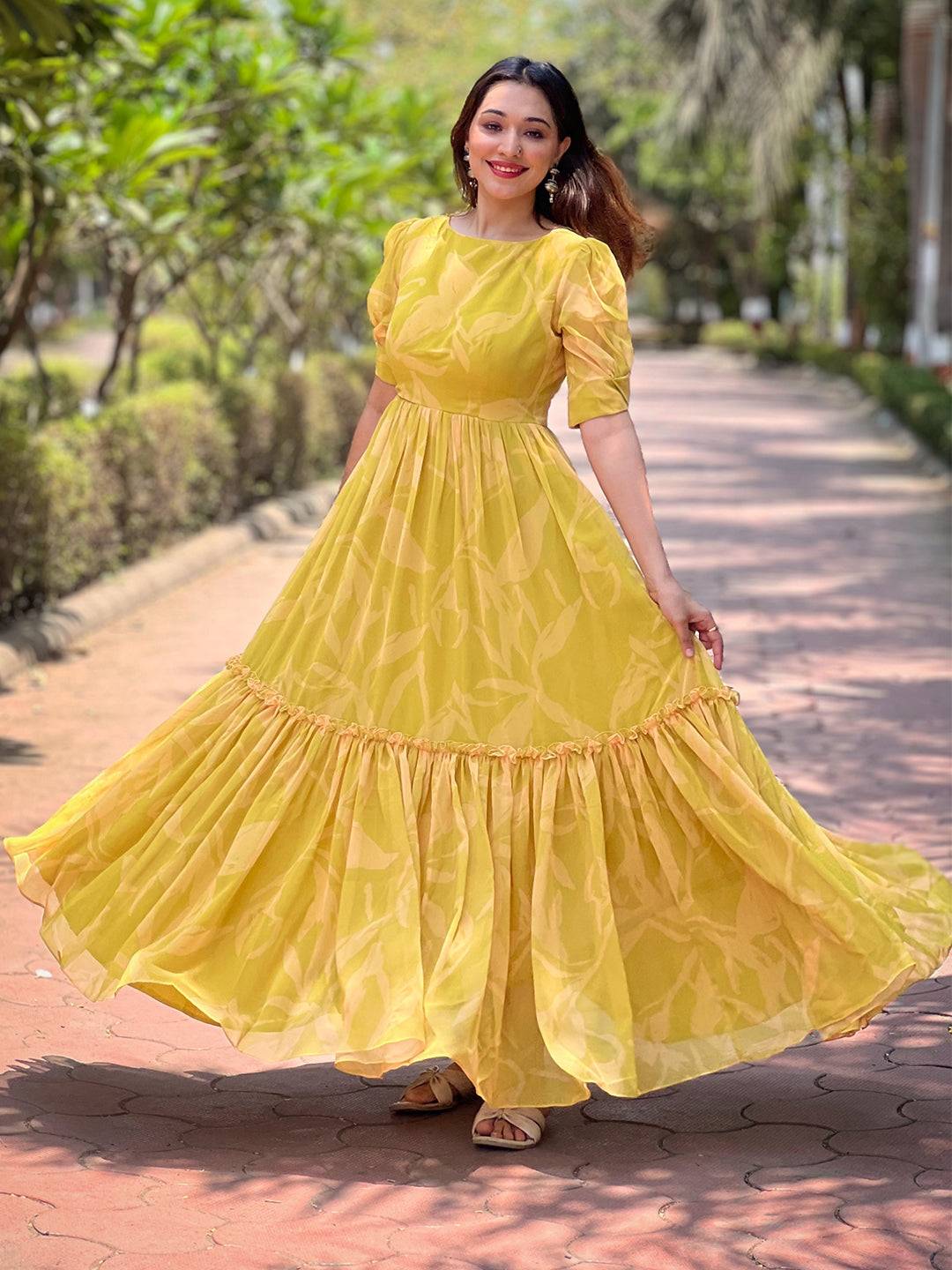 Lime Yellow Abstract Print Dress