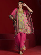Libas Art Coral Printed Silk Blend Kaftan Kurta With Palazzos