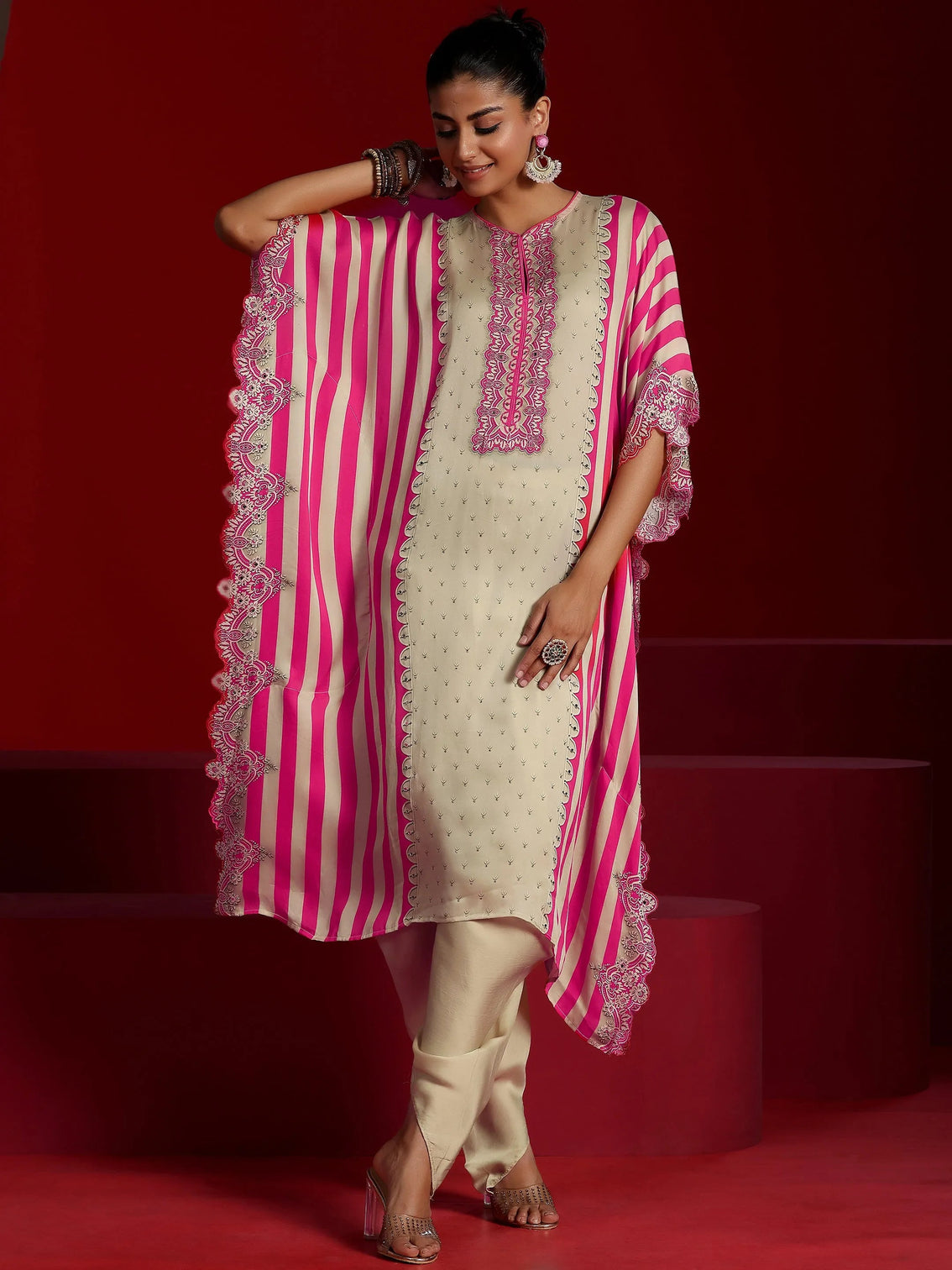 Mameraa Art Beige Printed Silk Blend Co-Ords