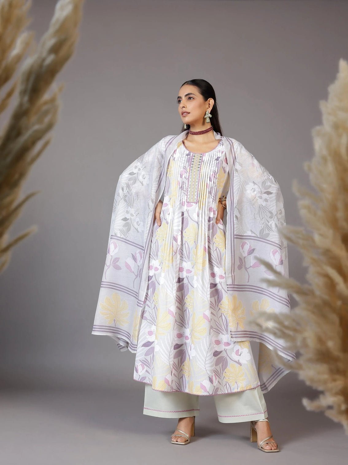 Mameraa Grey Printed Cotton Blend A-Line Kurta With Palazzos & Dupatta