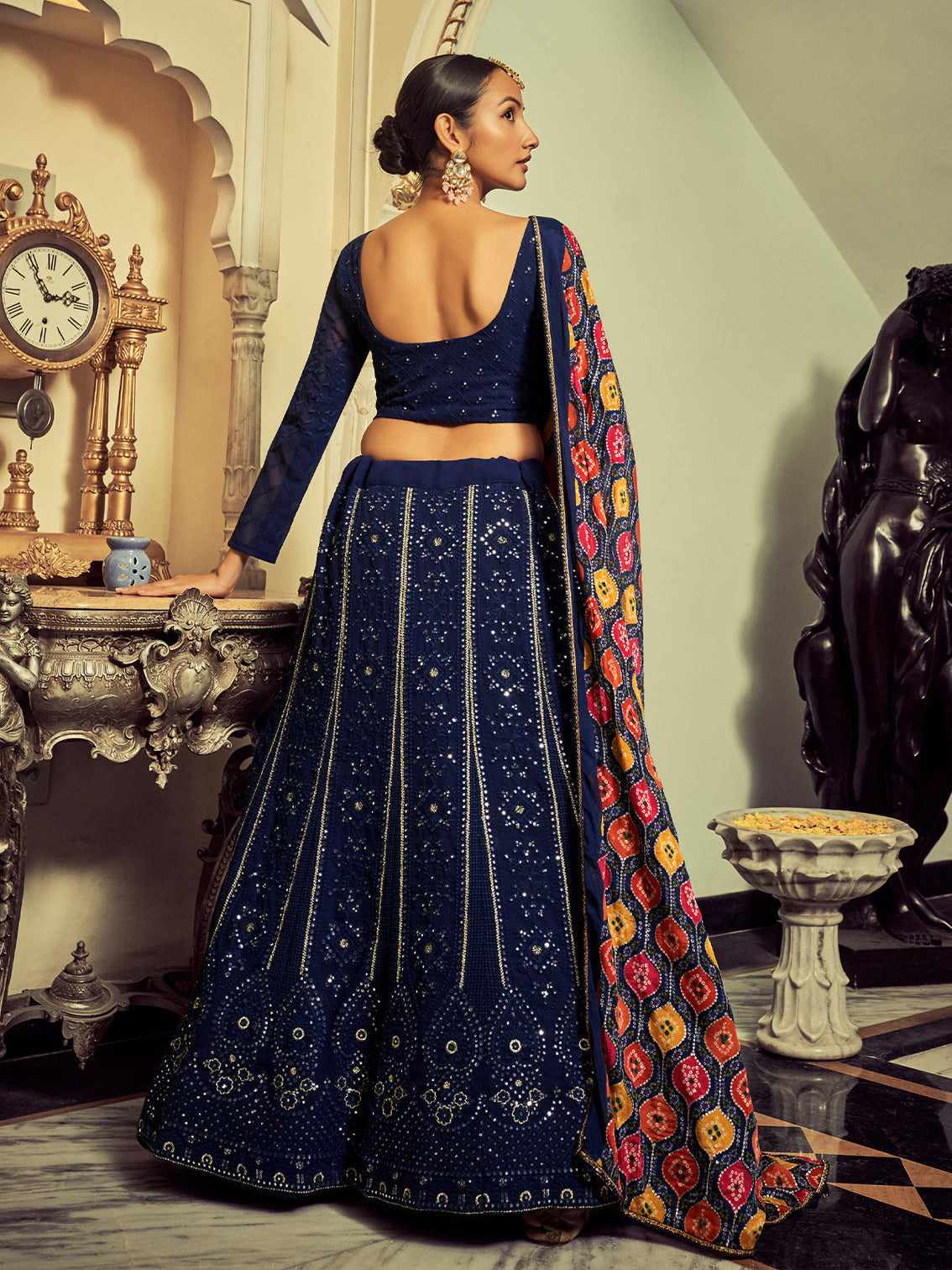 Beautiful Navy Blue Color Georgette Semi Stitched Lehenga With Blouse Piece