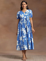Libas Blue Printed Cotton Fit and Flare Dress