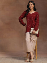 Libas Maroon Woven Design Viscose Rayon A-line Kurti