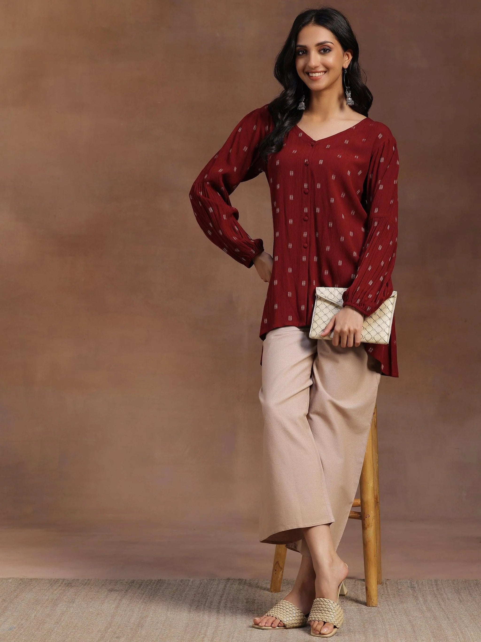 Libas Maroon Woven Design Viscose Rayon A-line Kurti