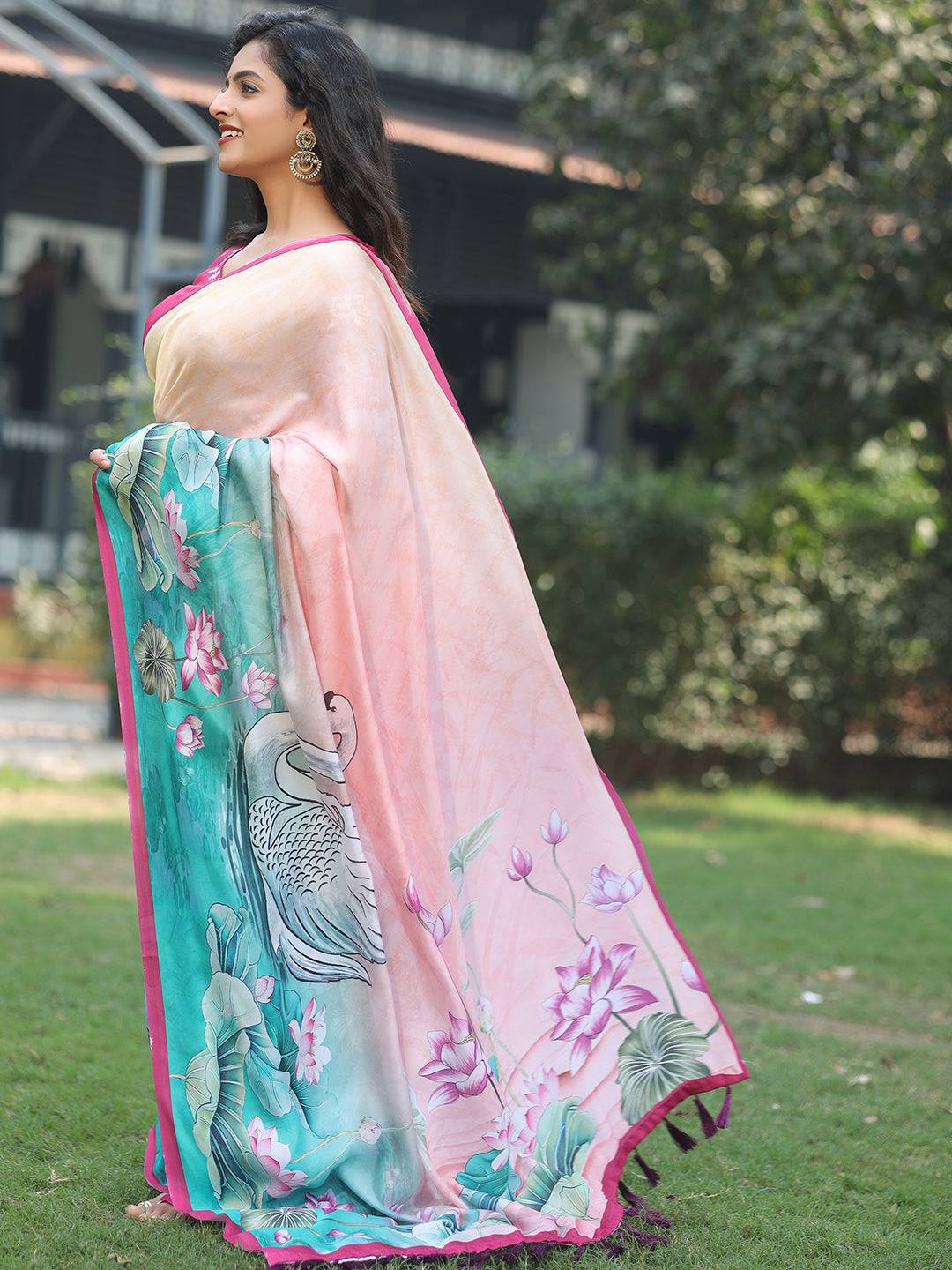Satin Georgette Light Peach Colour Hand Print Saree - Luxe
