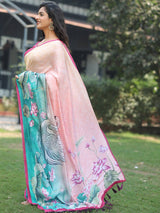 Satin Georgette Light Peach Colour Hand Print Saree - Luxe