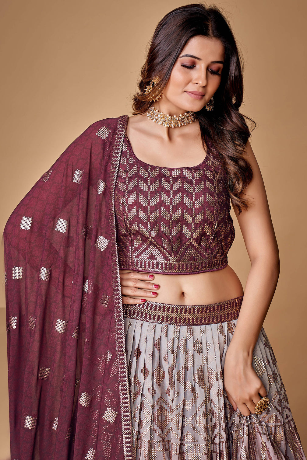 Purple Sequins Work Georgette Wedding Wear Lehenga Choli