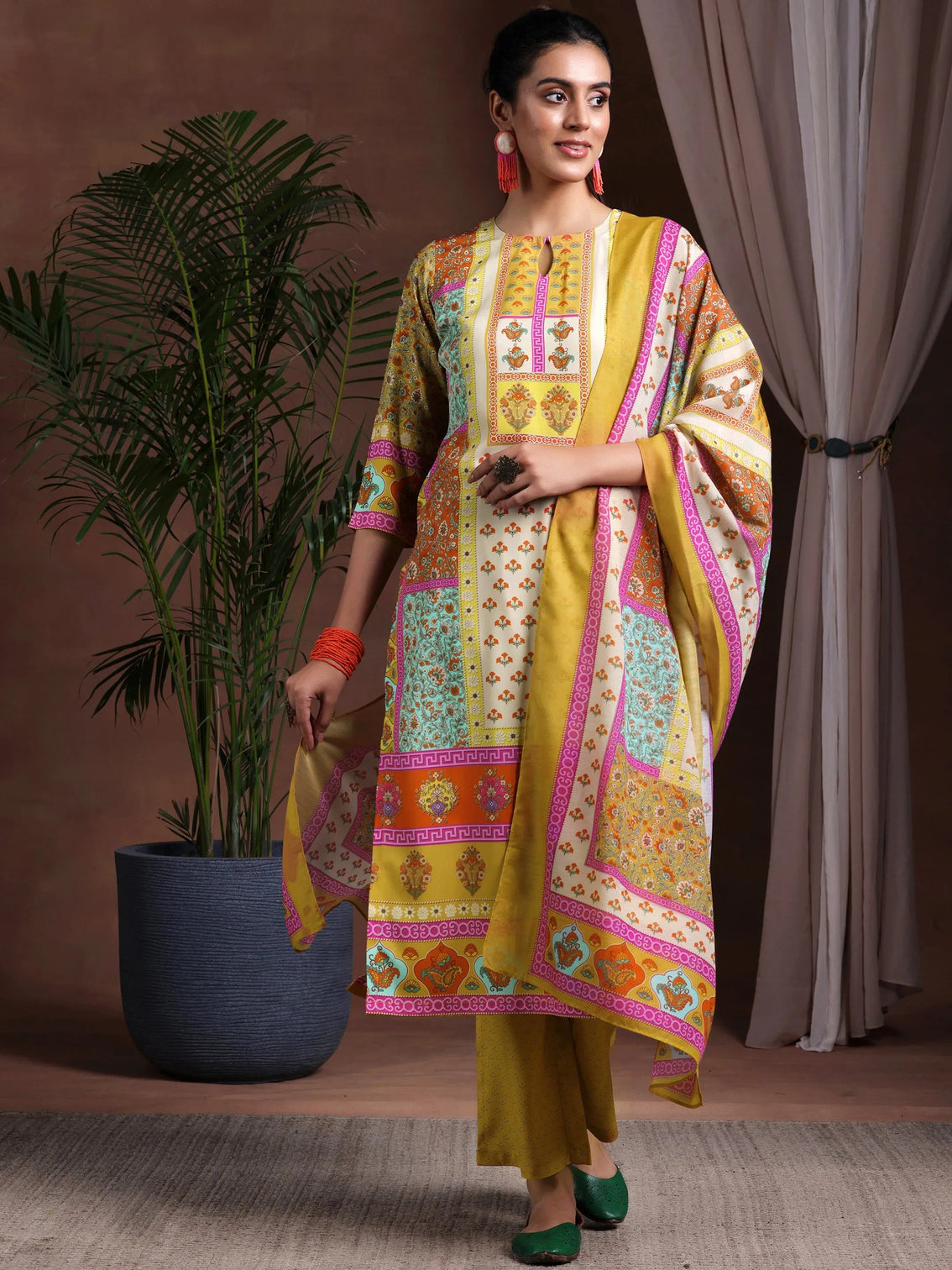 Mameraa Mustard Printed Poly Crepe Straight Suit With Dupatta