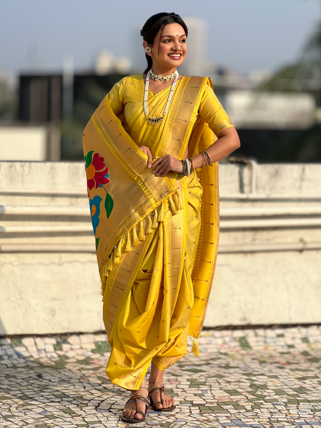Yellow Wedding Special Nauvari Paithani Soft Silk Saree with Zari Woven Polka Motifs and Peacock Pallu