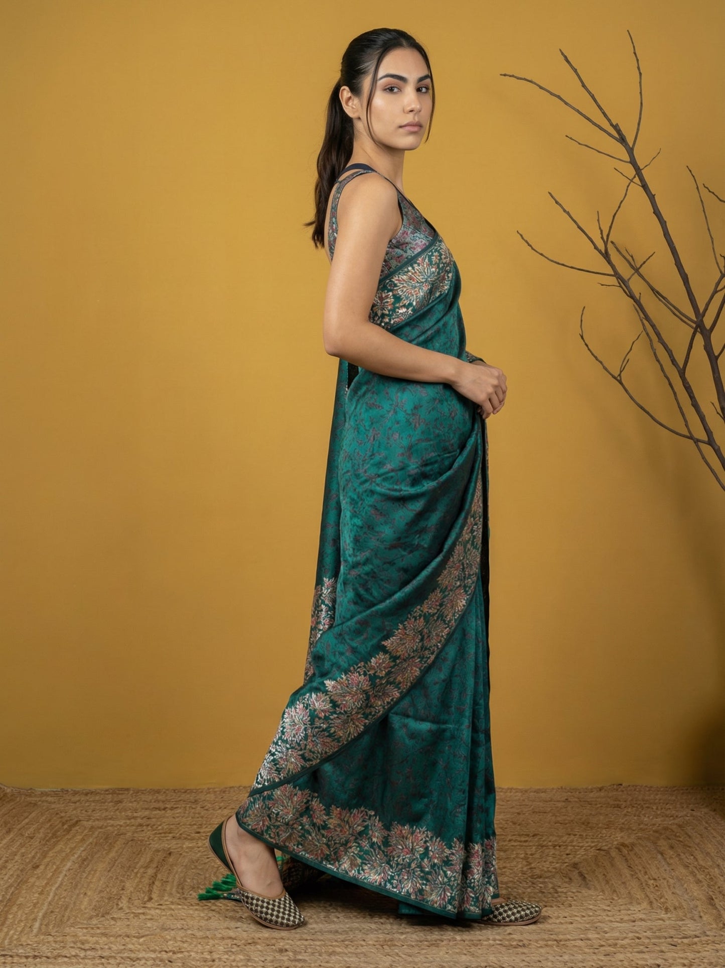 Soft Silk Printed Floral Saree with Rainbow Zari Woven Pallu and Contrast Blouse Festive Party Wear Saree