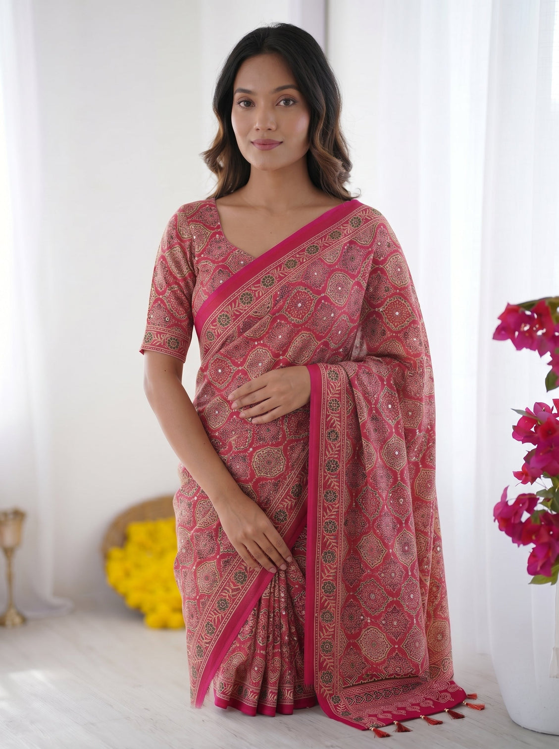 Rose pink modal silk saree with heritage motifs intricate all over print designer pallu