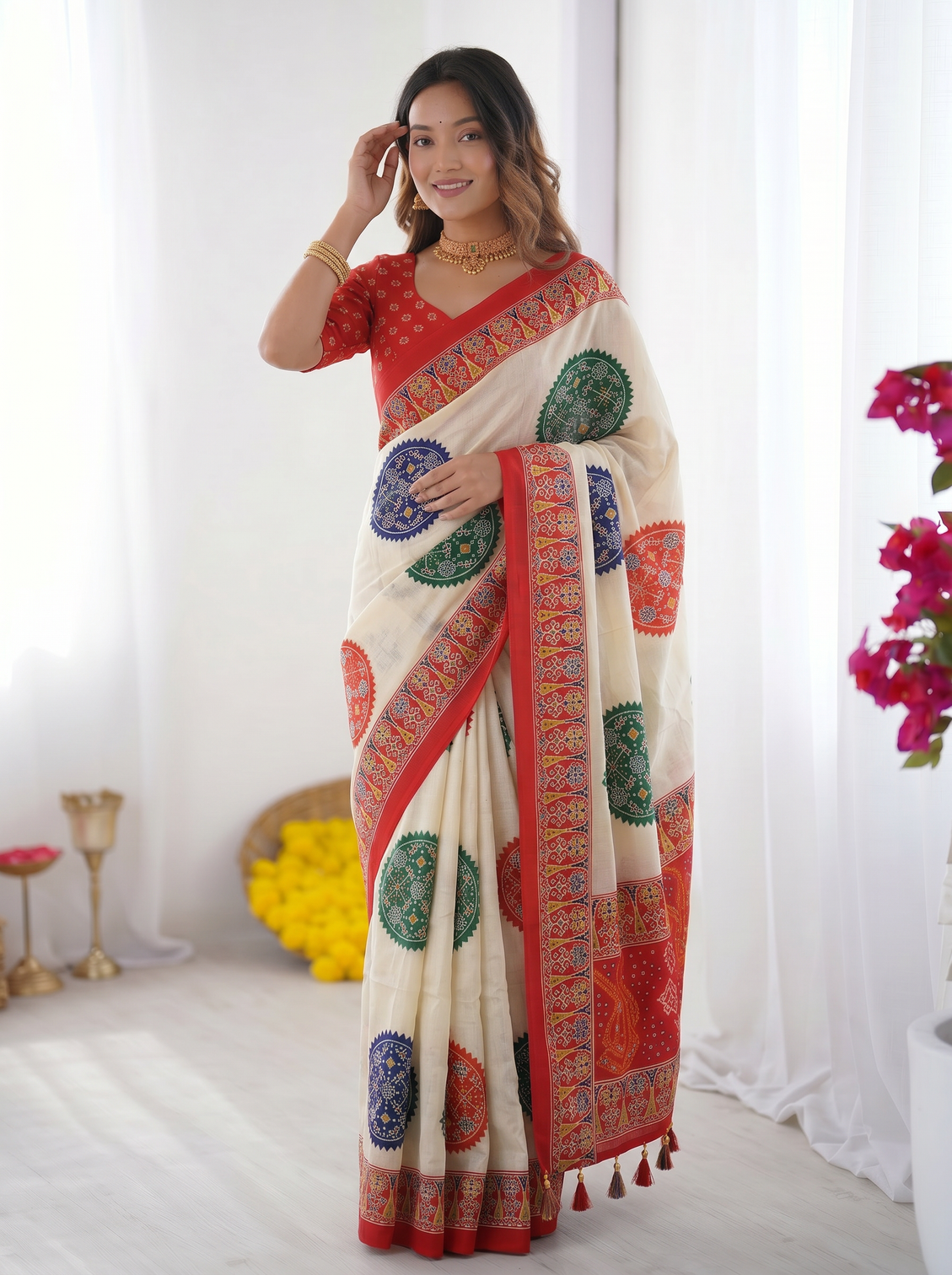 Ivory white vermilion red pure modal silk saree with multicolor mandala print traditional designer pallu mameraa