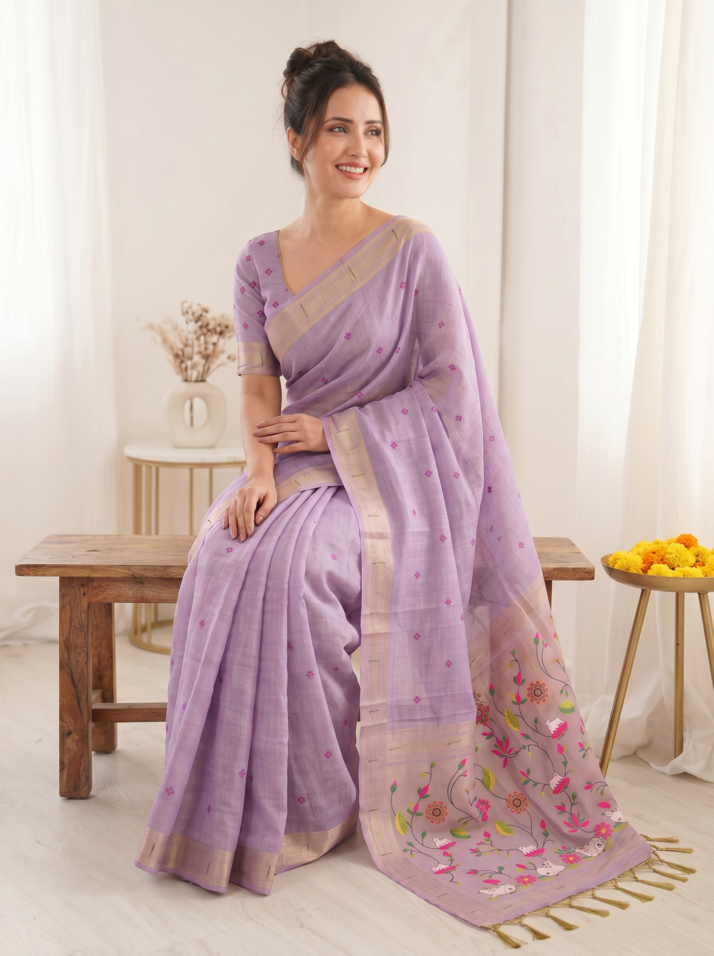 Lavender Premium Soft Muga Cotton Saree with Paithani Swan Meenakari Pallu