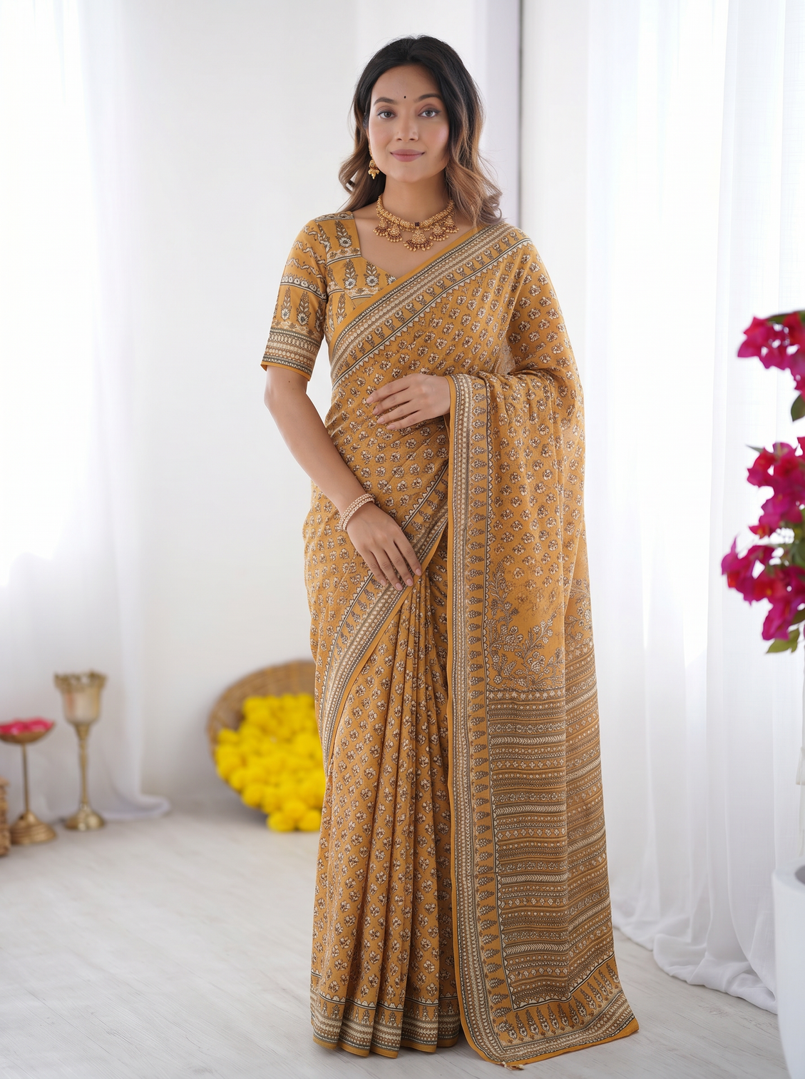 Mustard yellow modal silk saree with traditional floral butti prints heritage border elegant designer pallu