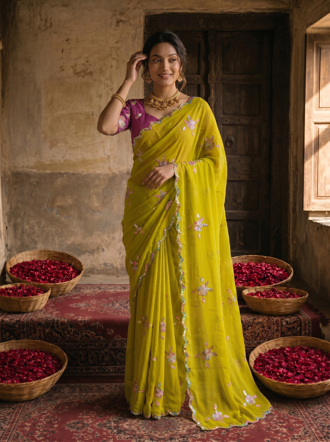 Lime yellow georgette embroidered saree with floral sequin work contrast magenta blouse