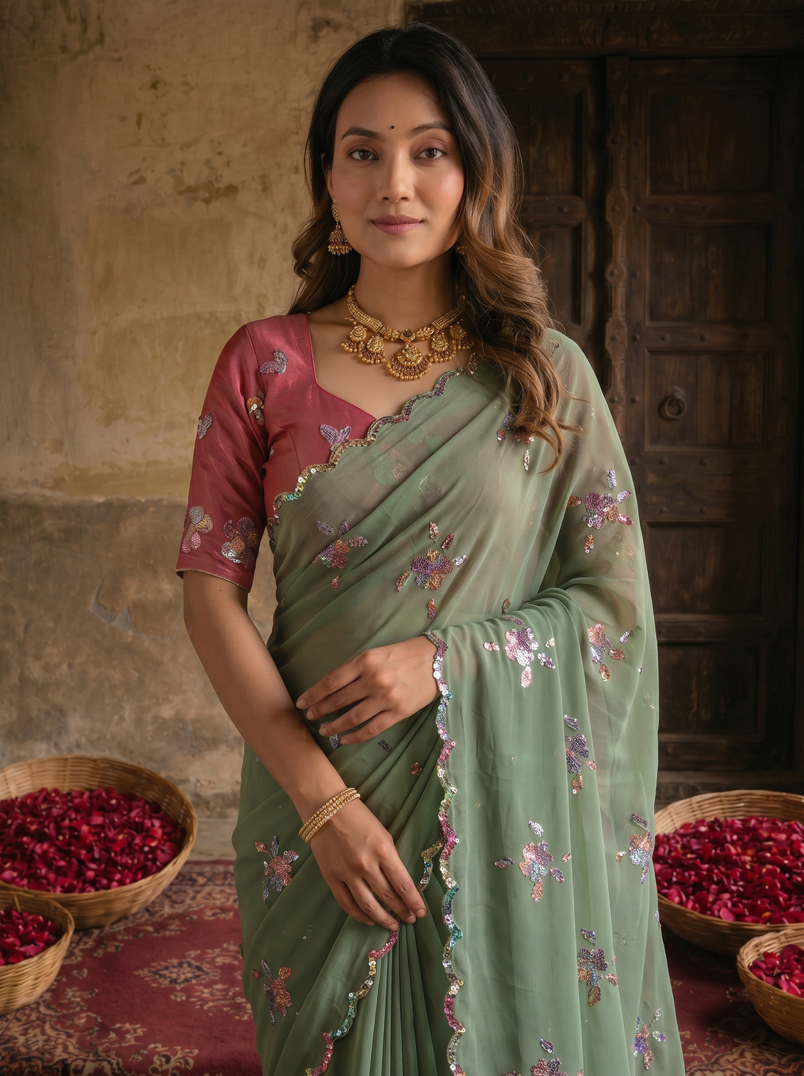 Sage green georgette embroidered saree with floral sequin work designer blouse