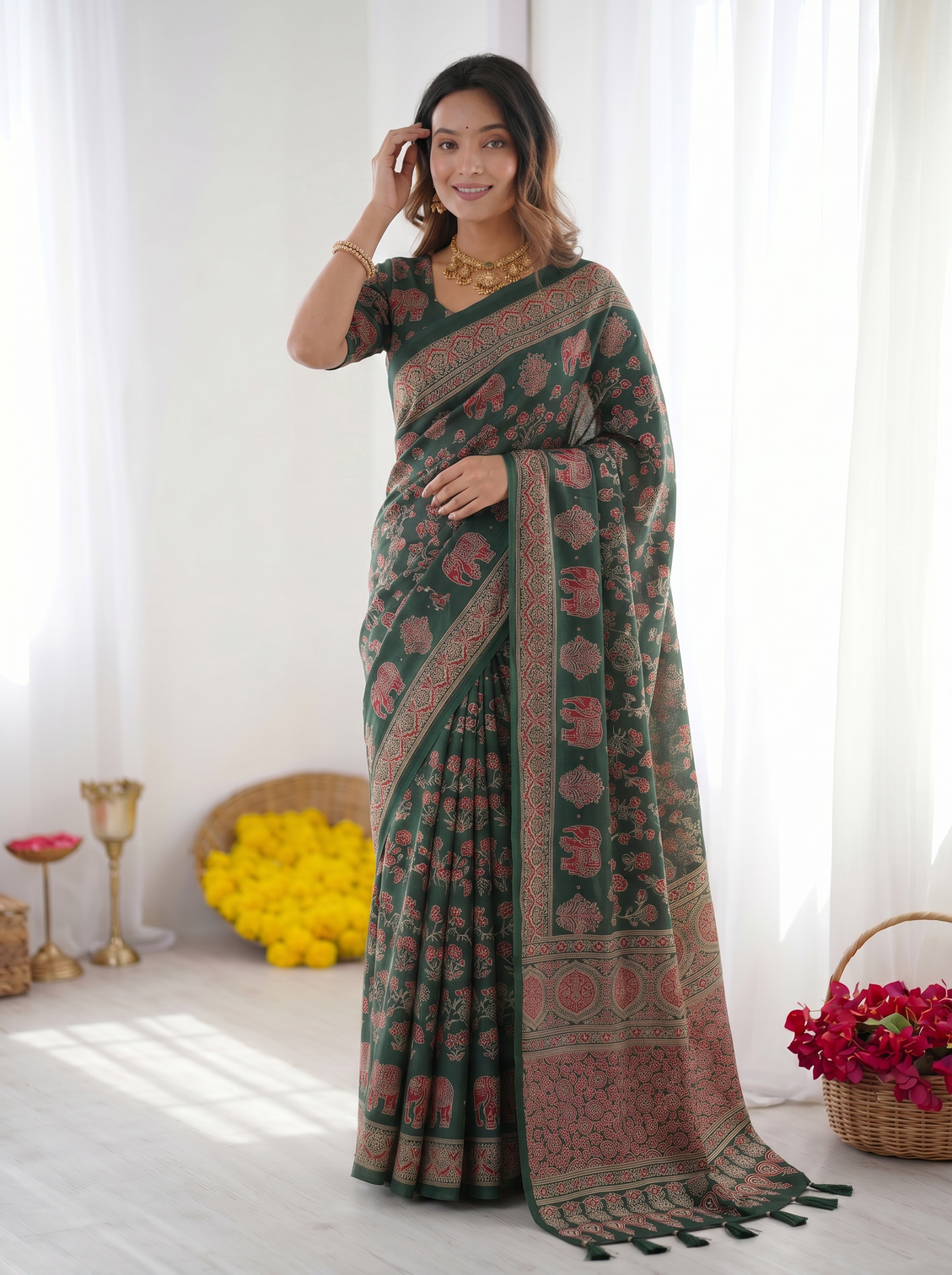 Forest green modal silk saree with elephant motif ajrakh print designer heritage pallu traditional festive wear saree
