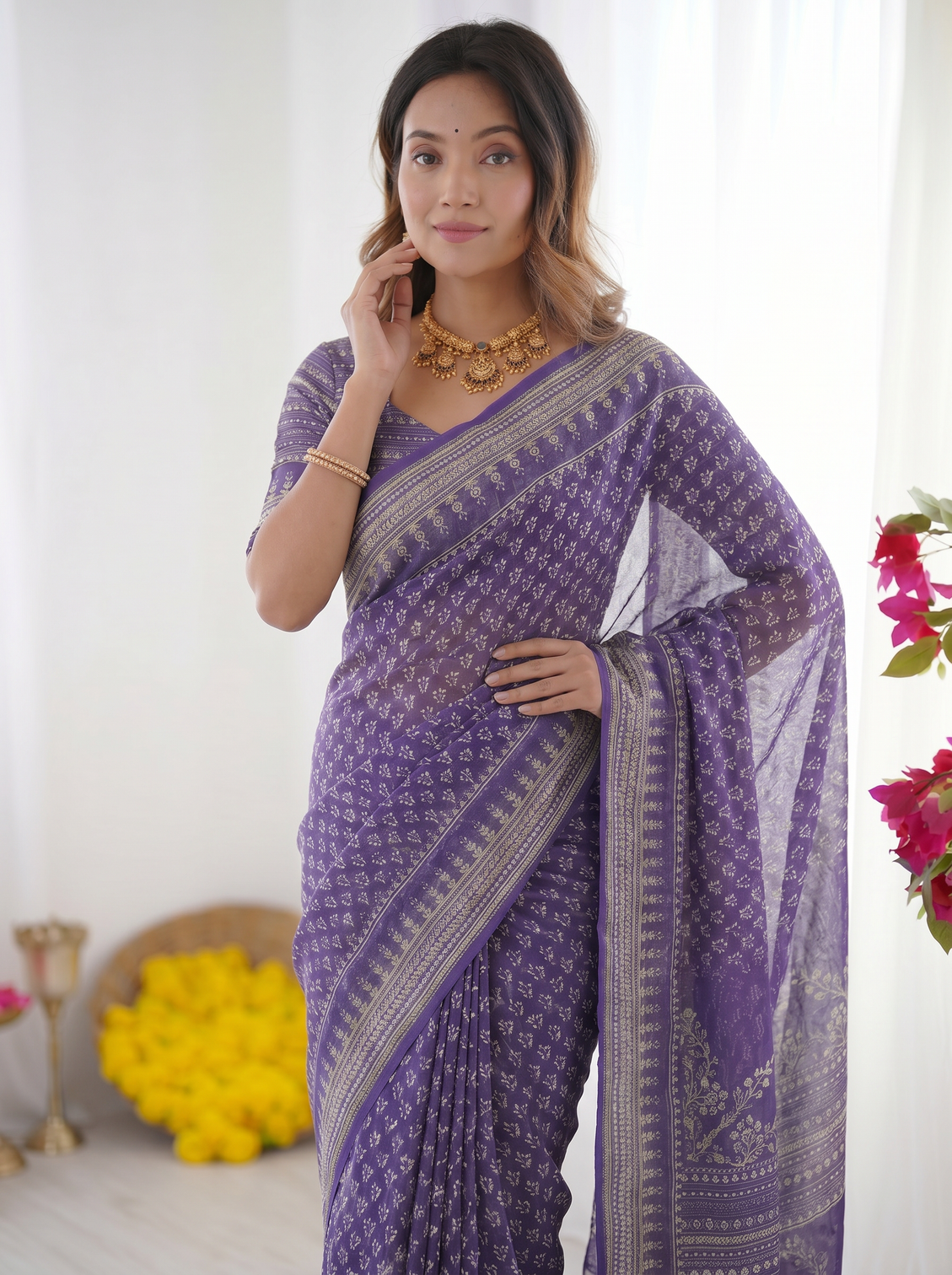 Royal purple modal silk saree with delicate floral butti prints traditional woven border heritage designer pallu