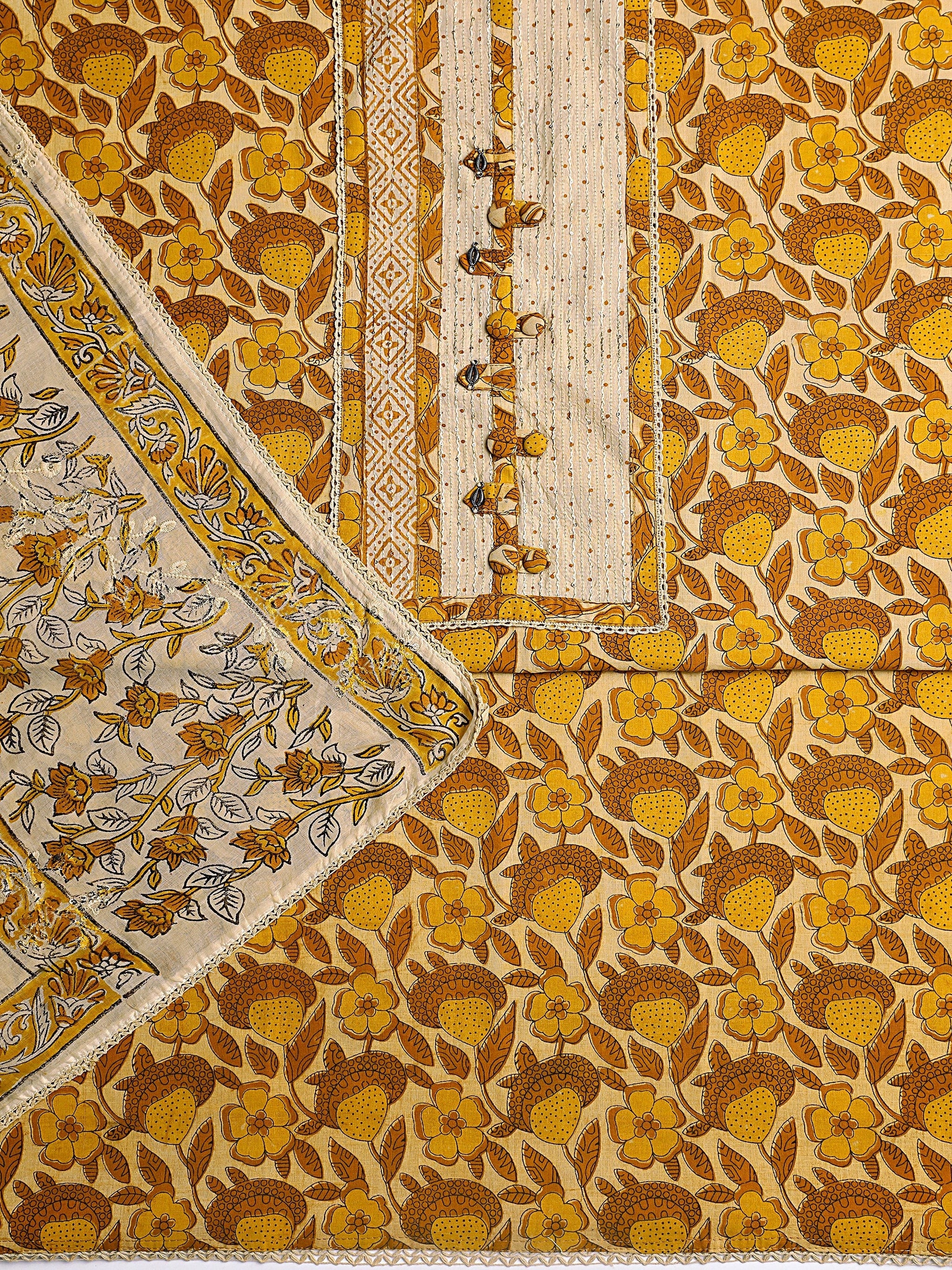 Libas Yellow Floral Printed Cotton Dress Material With Dupatta