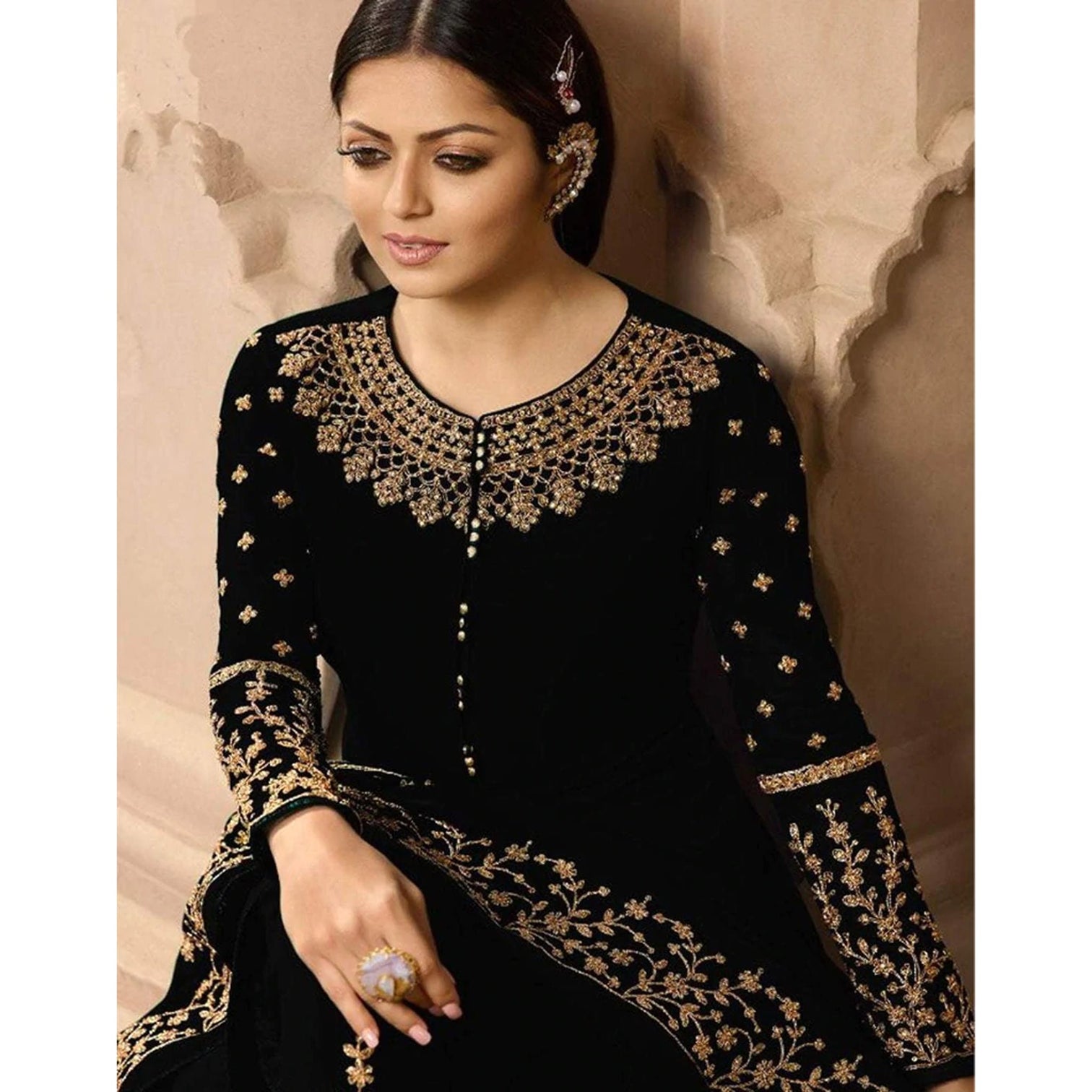 Black Color Faux Georgette Embroidery Work Semi Stitch Gown