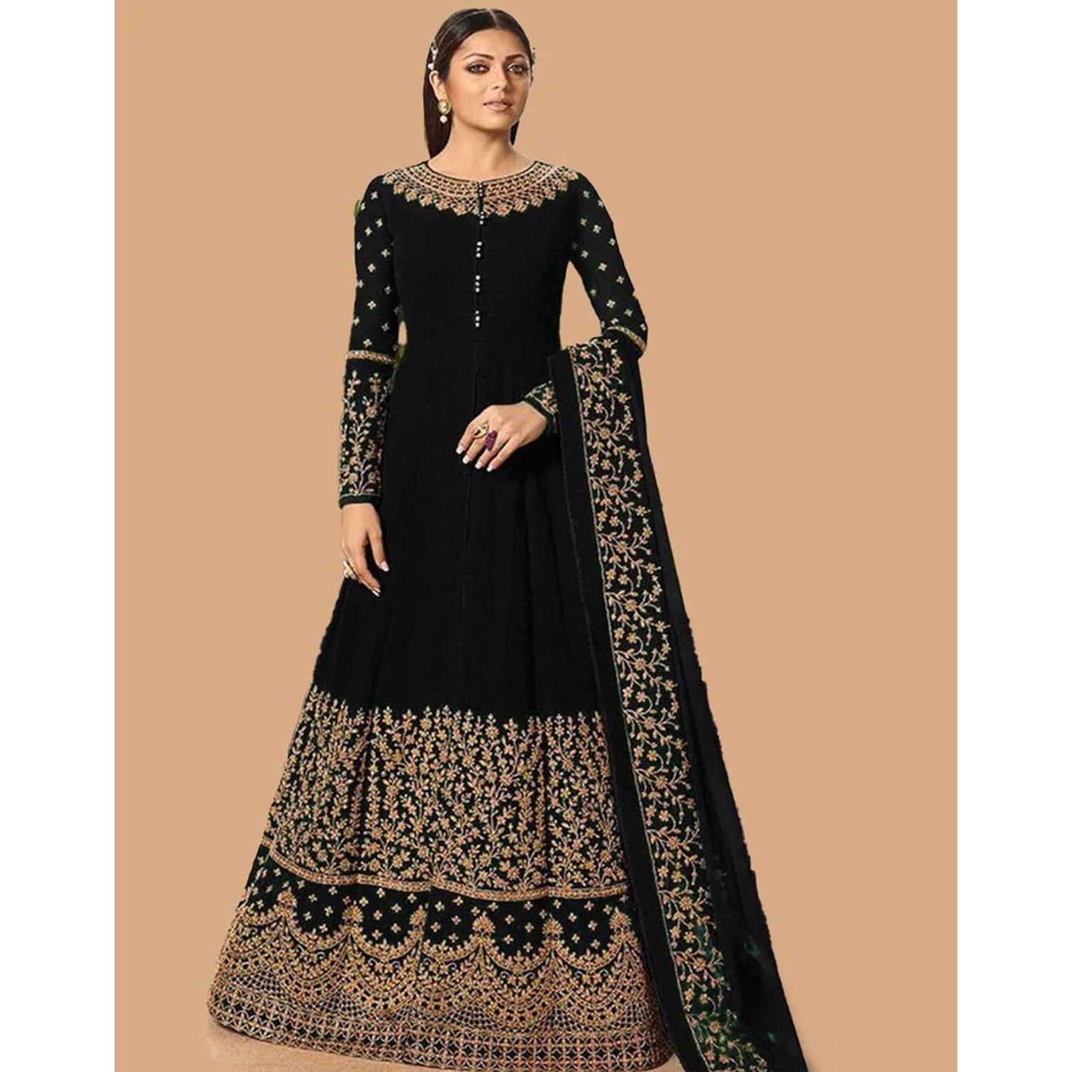 Black Color Faux Georgette Embroidery Work Semi Stitch Gown