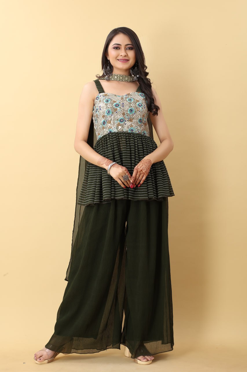 Wedding-ready Palazzo and Top Set in Dark Green Hue