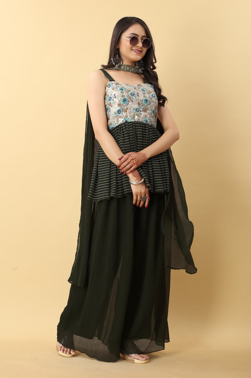 Wedding-ready Palazzo and Top Set in Dark Green Hue