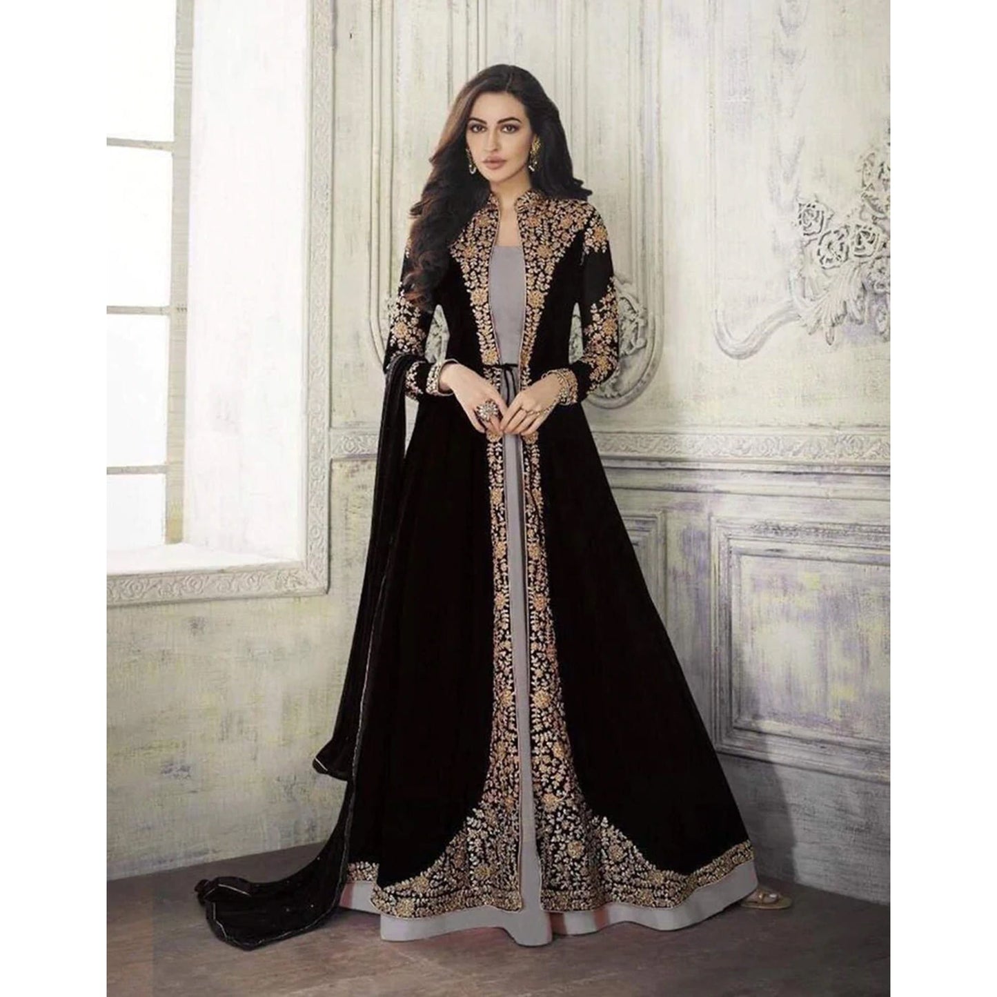 Black Color Heavy Embroidery Work Georgette Free Size Gown