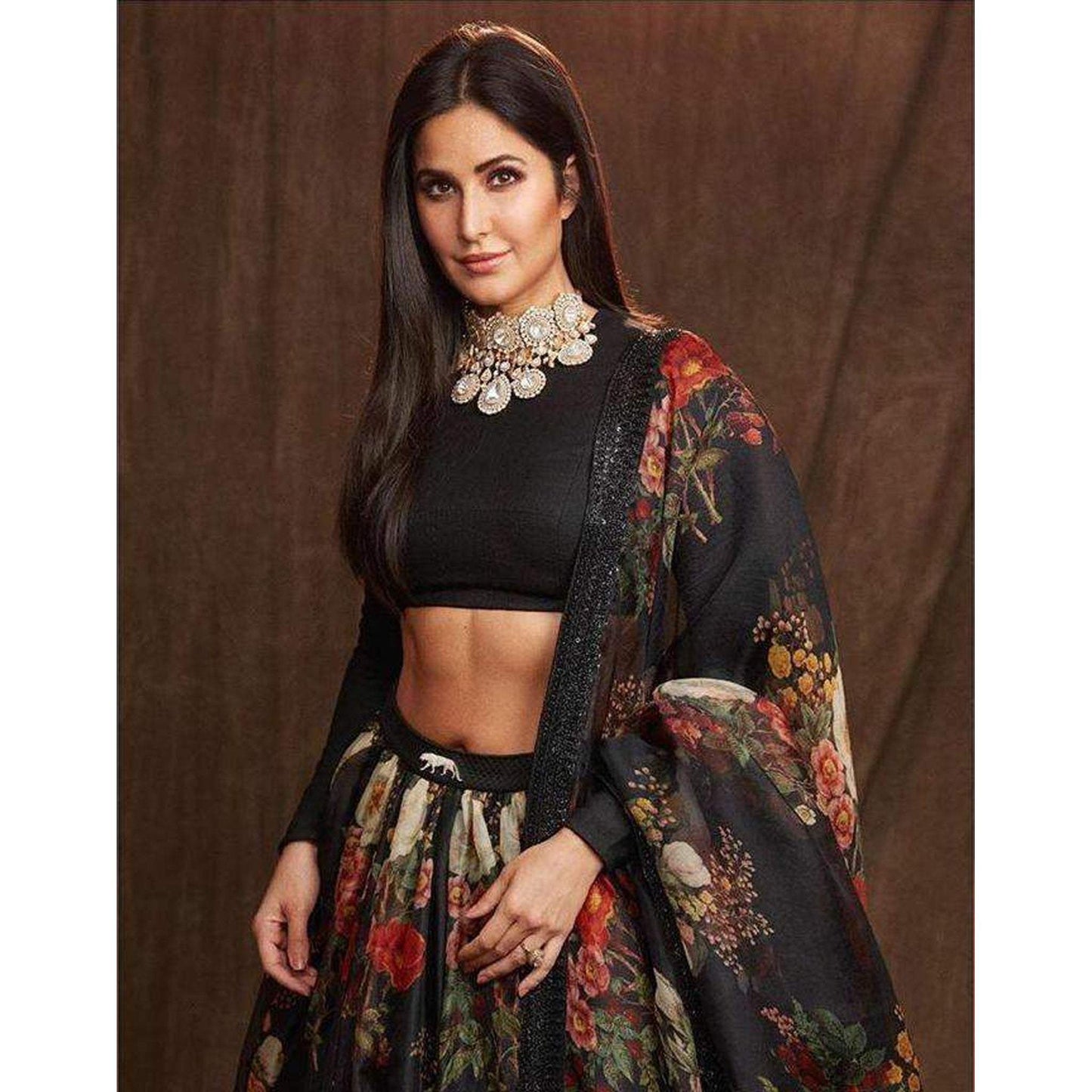 Black Color Printed Organza Semi-Stitched Lehenga with Unstitched Silk Blouse