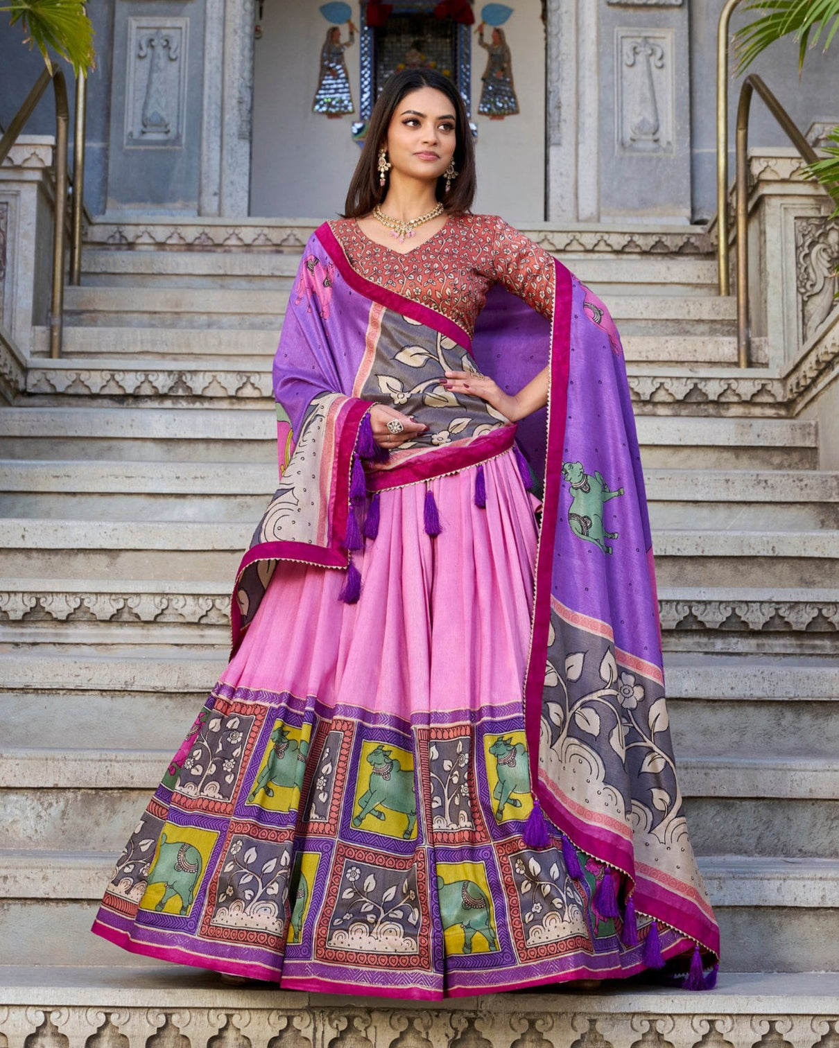 Blush pink lilac kalamkari dola silk lehenga set a graceful symphony of heritage elegance mameraa