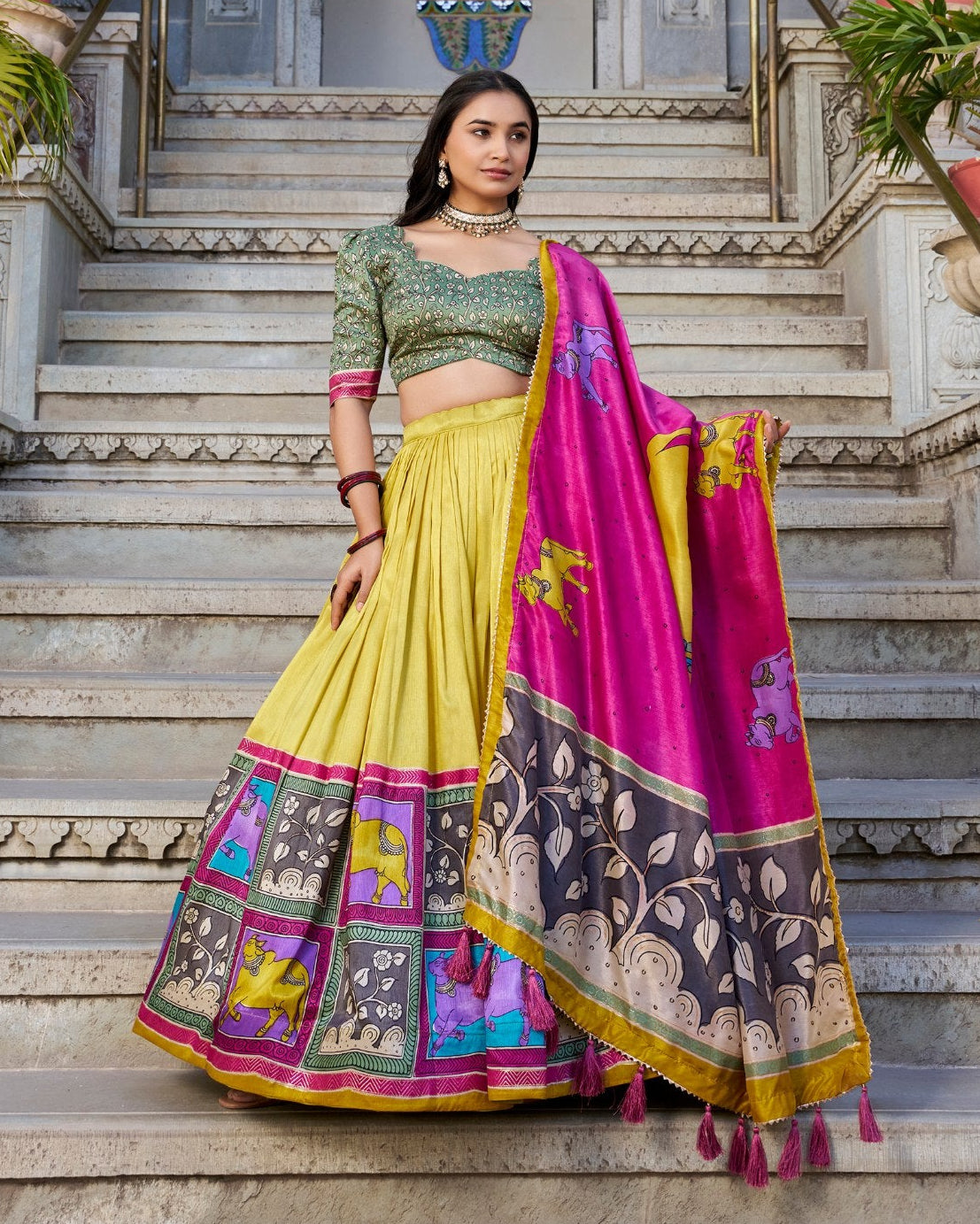 Majestic sapphire gold kalamkari dola silk lehenga a celebration of heritage elegance mameraa