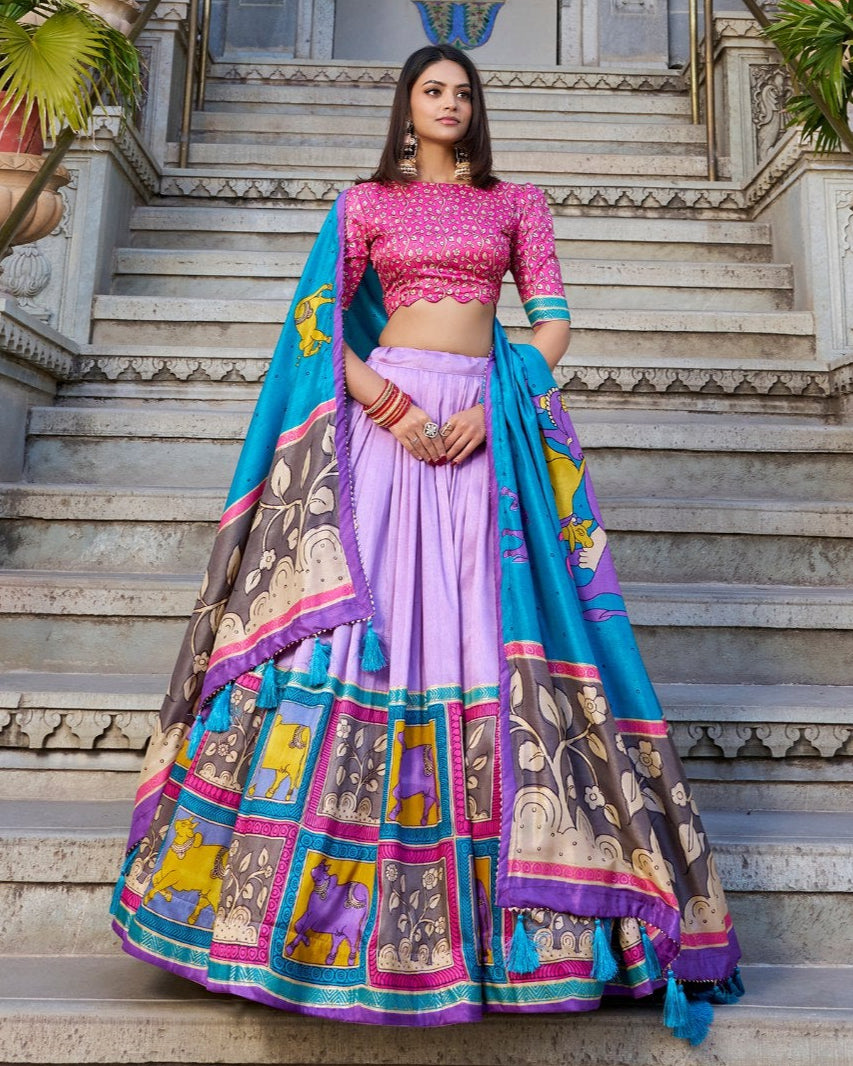 Royal lilac azure blue kalamkari tussar silk lehenga set mameraa