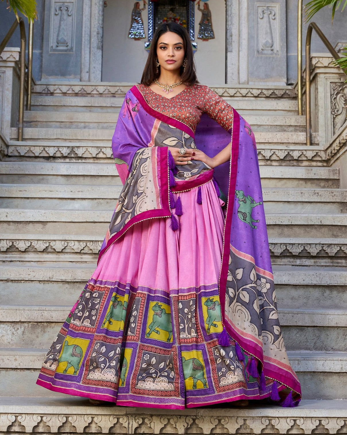Blush pink lilac kalamkari dola silk lehenga set a graceful symphony of heritage elegance