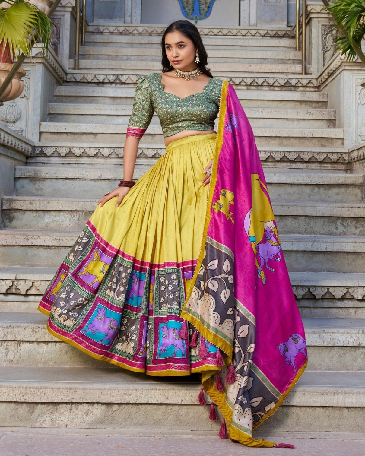 Majestic sapphire gold kalamkari dola silk lehenga a celebration of heritage elegance