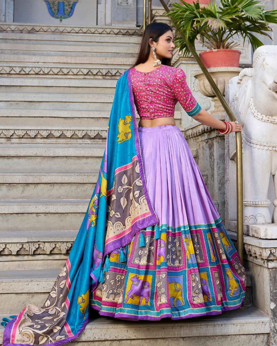 Royal lilac azure blue kalamkari tussar silk lehenga set
